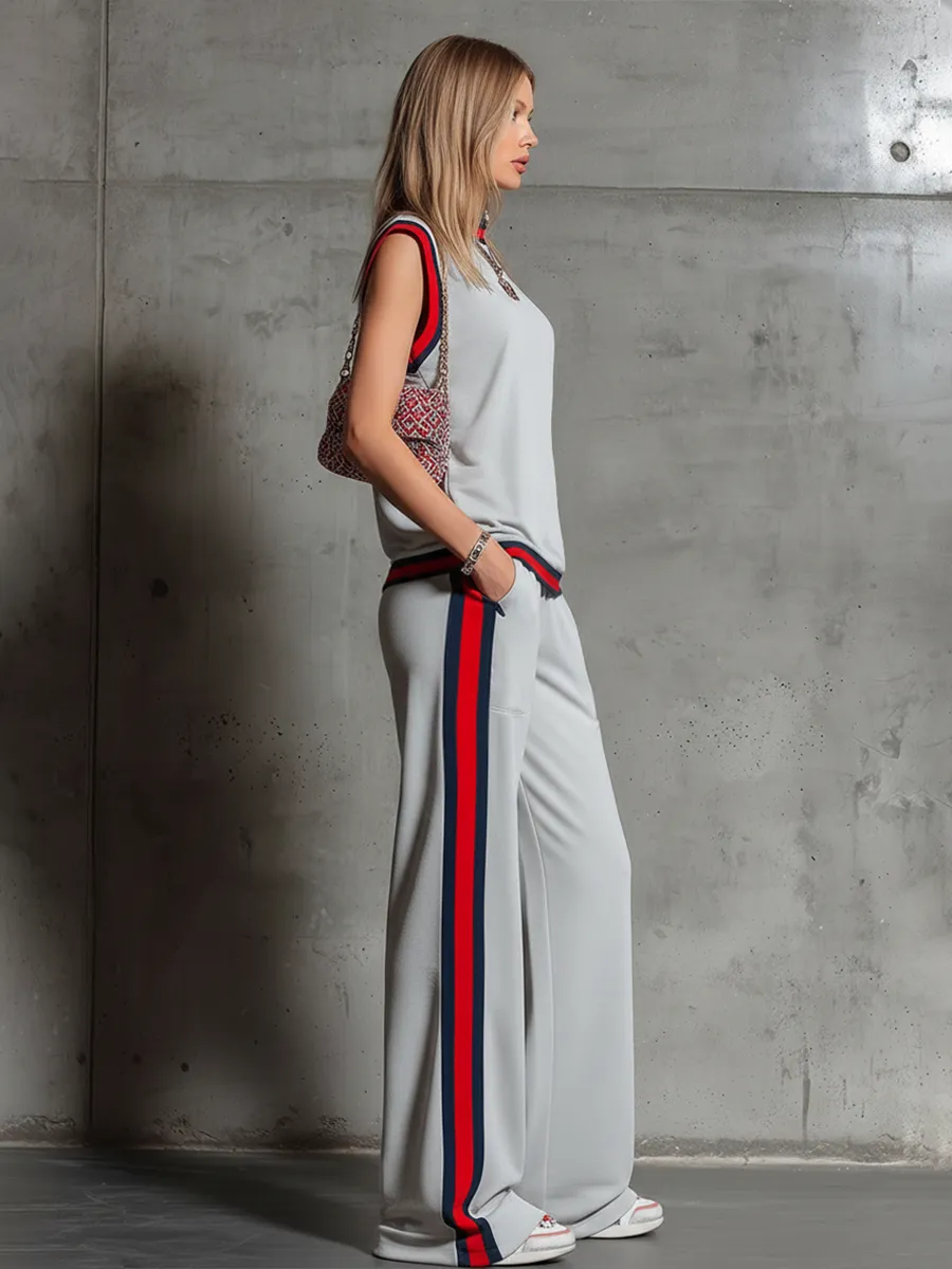 Retro Sporty Style Sleeveless T-shirt With Contrasting Trim And Wide-leg Pants Set sold by Oyrosy product image thumbnail 2