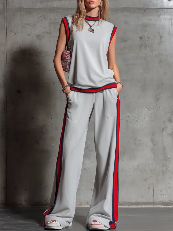 Retro Sporty Style Sleeveless T-shirt With Contrasting Trim And Wide-leg Pants Set sold by Oyrosy