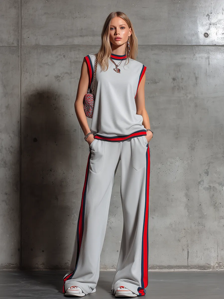 Retro Sporty Style Sleeveless T-shirt With Contrasting Trim And Wide-leg Pants Set sold by Oyrosy product image thumbnail 4