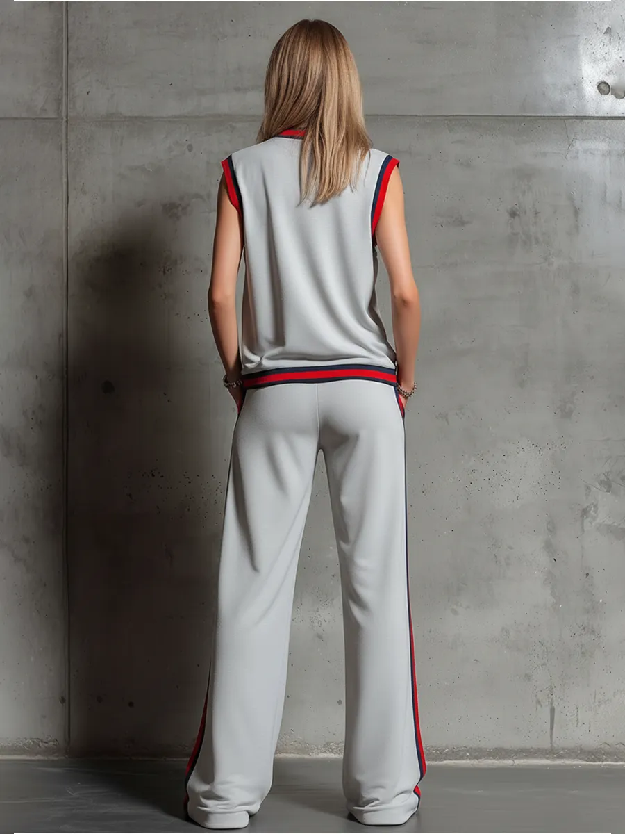 Retro Sporty Style Sleeveless T-shirt With Contrasting Trim And Wide-leg Pants Set sold by Oyrosy product image thumbnail 3