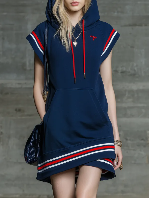 Retro Sporty Sleeveless Color-blocked Striped Hooded Mini Dress sold by Oyrosy