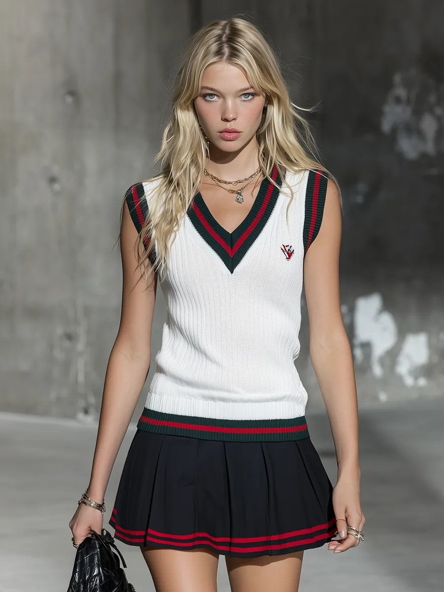 Sporty Stylish Retro V-neck Sleeveless Knitted Tank Top And Pleated Skirt Set sold by Oyrosy product image thumbnail 4