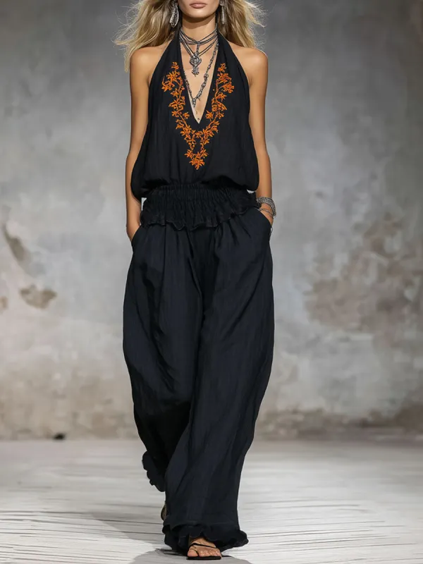 V-neck Vintage Floral Embroidered Sleeveless Cotton Top And Pants Set made by Oyrosy