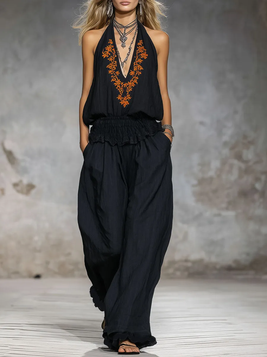 V-neck Vintage Floral Embroidered Sleeveless Cotton Top And Pants Set sold by Oyrosy