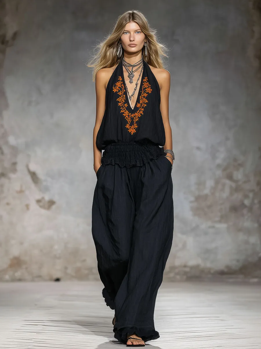 V-neck Vintage Floral Embroidered Sleeveless Cotton Top And Pants Set sold by Oyrosy product image thumbnail 2