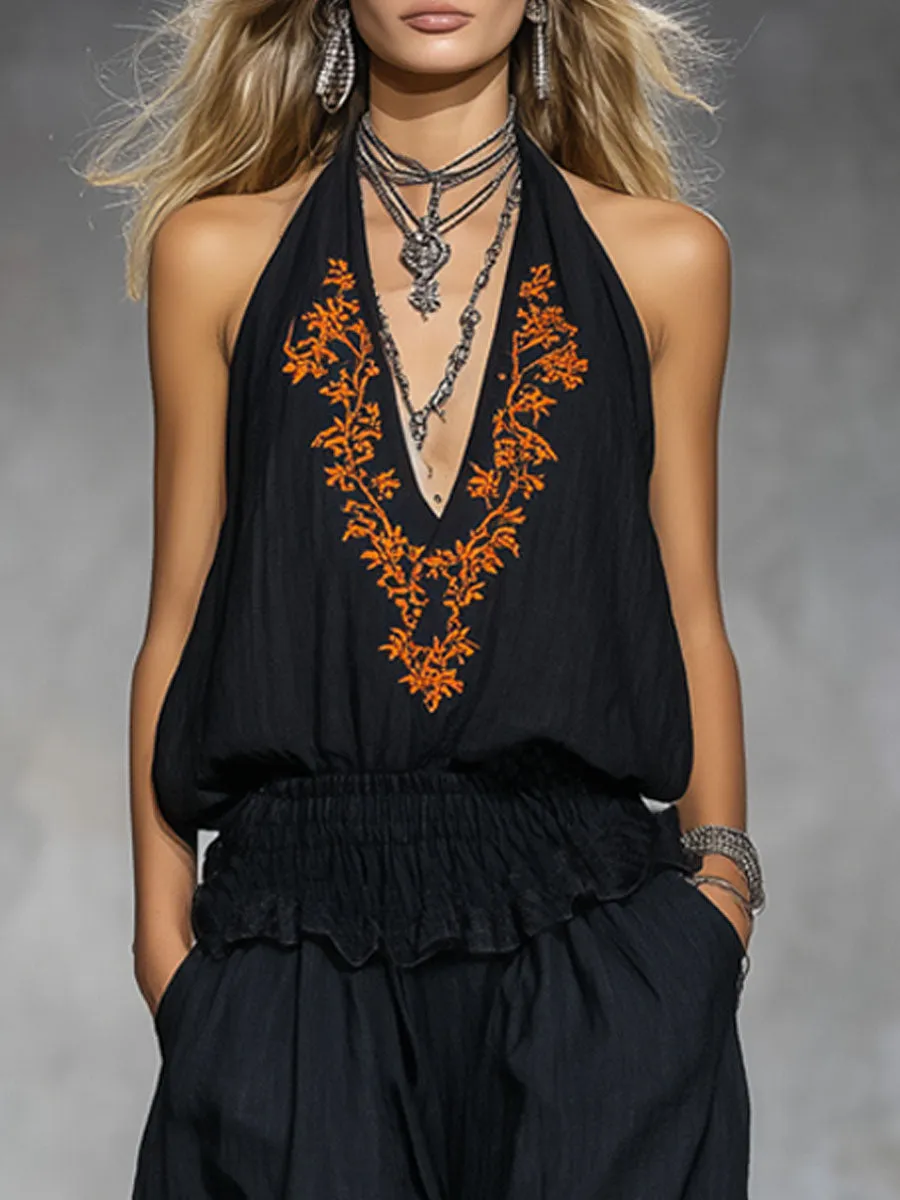 V-neck Vintage Floral Embroidered Sleeveless Cotton Top And Pants Set sold by Oyrosy product image thumbnail 5