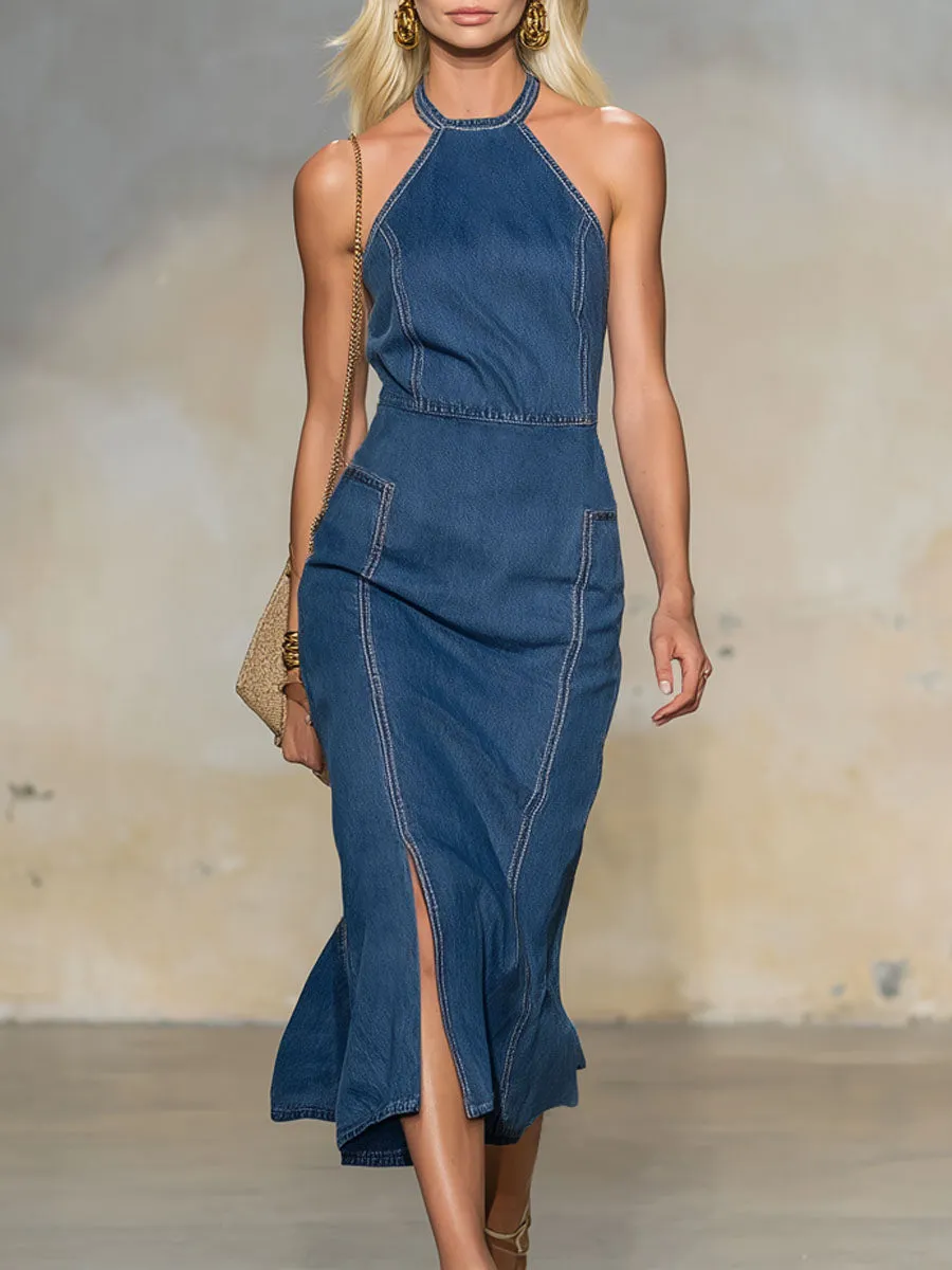Halter Neck Round Neck Sleeveless Split Hem Denim Midi Dress sold by Oyrosy