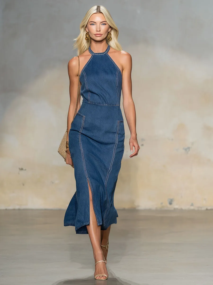 Halter Neck Round Neck Sleeveless Split Hem Denim Midi Dress sold by Oyrosy product image thumbnail 4