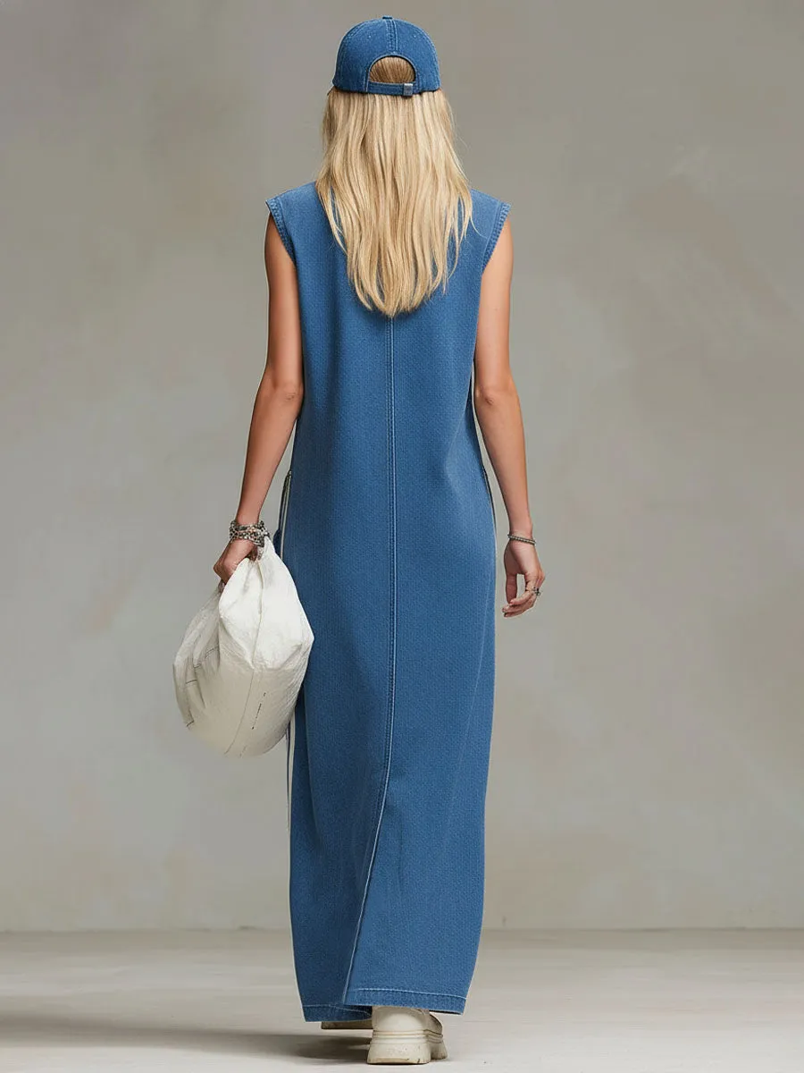 Stand-collar Zip-up Sleeveless Denim Maxi Dress sold by Oyrosy product image thumbnail 4