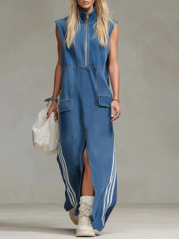 Stand-collar Zip-up Sleeveless Denim Maxi Dress sold by Oyrosy