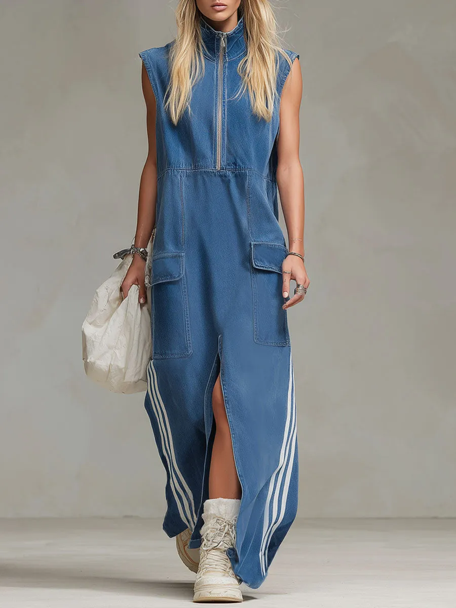 Stand-collar Zip-up Sleeveless Denim Maxi Dress sold by Oyrosy