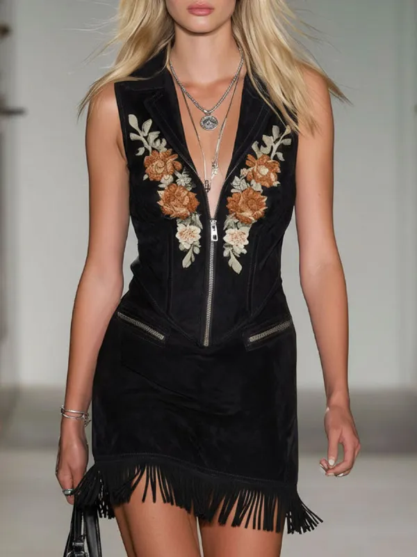 Black Faux Suede Vintage Floral Embroidered Zip-up Mini Dress sold by Oyrosy