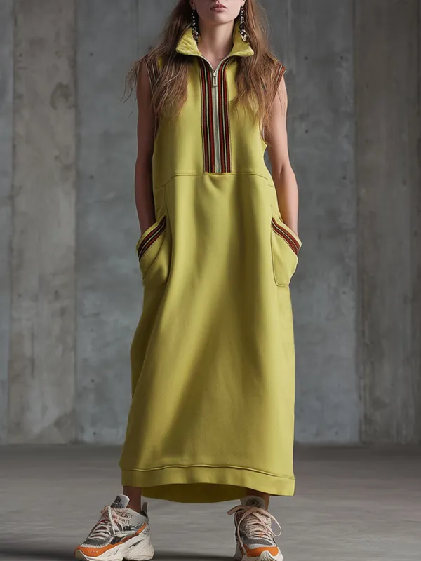 Sporty Retro-style Woven Yellow-green Slit Sleeveless Maxi Dress made by Oyrosy