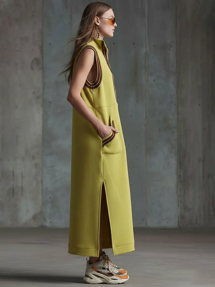 Sporty Retro-style Woven Yellow-green Slit Sleeveless Maxi Dress sold by Oyrosy product image thumbnail 3