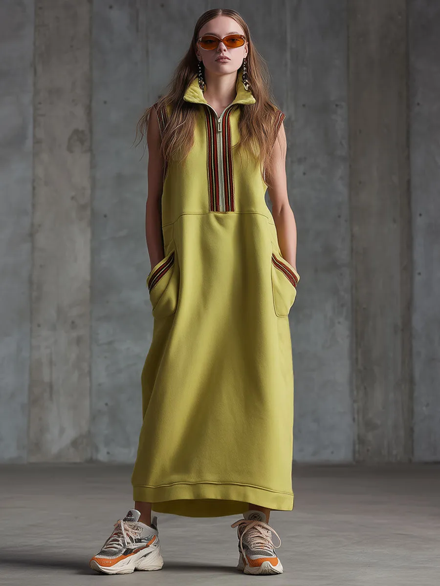 Sporty Retro-style Woven Yellow-green Slit Sleeveless Maxi Dress sold by Oyrosy product image thumbnail 2