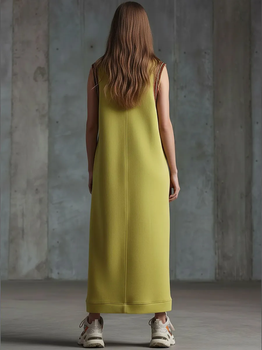 Sporty Retro-style Woven Yellow-green Slit Sleeveless Maxi Dress sold by Oyrosy product image thumbnail 4