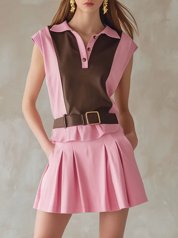 Casual Retro Sporty Brown And Pink Tie-front Top And Pleated Skirt Set made by Oyrosy
