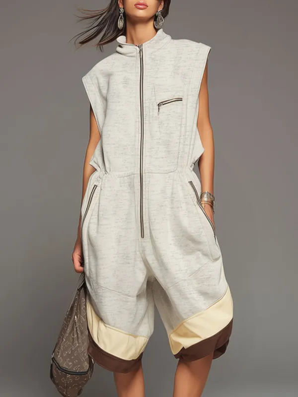 Sporty Retro Gray-white Cutout Sleeveless Shorts Jumpsuit made by Oyrosy