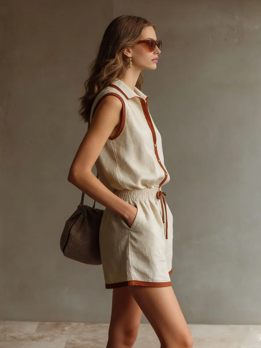Casual Retro Brown-trimmed Beige Cotton Linen Sleeveless Shirt And Shorts Set sold by Oyrosy product image thumbnail 3