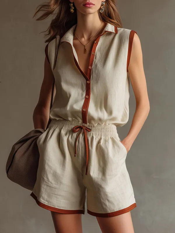 Casual Retro Brown-trimmed Beige Cotton Linen Sleeveless Shirt And Shorts Set made by Oyrosy
