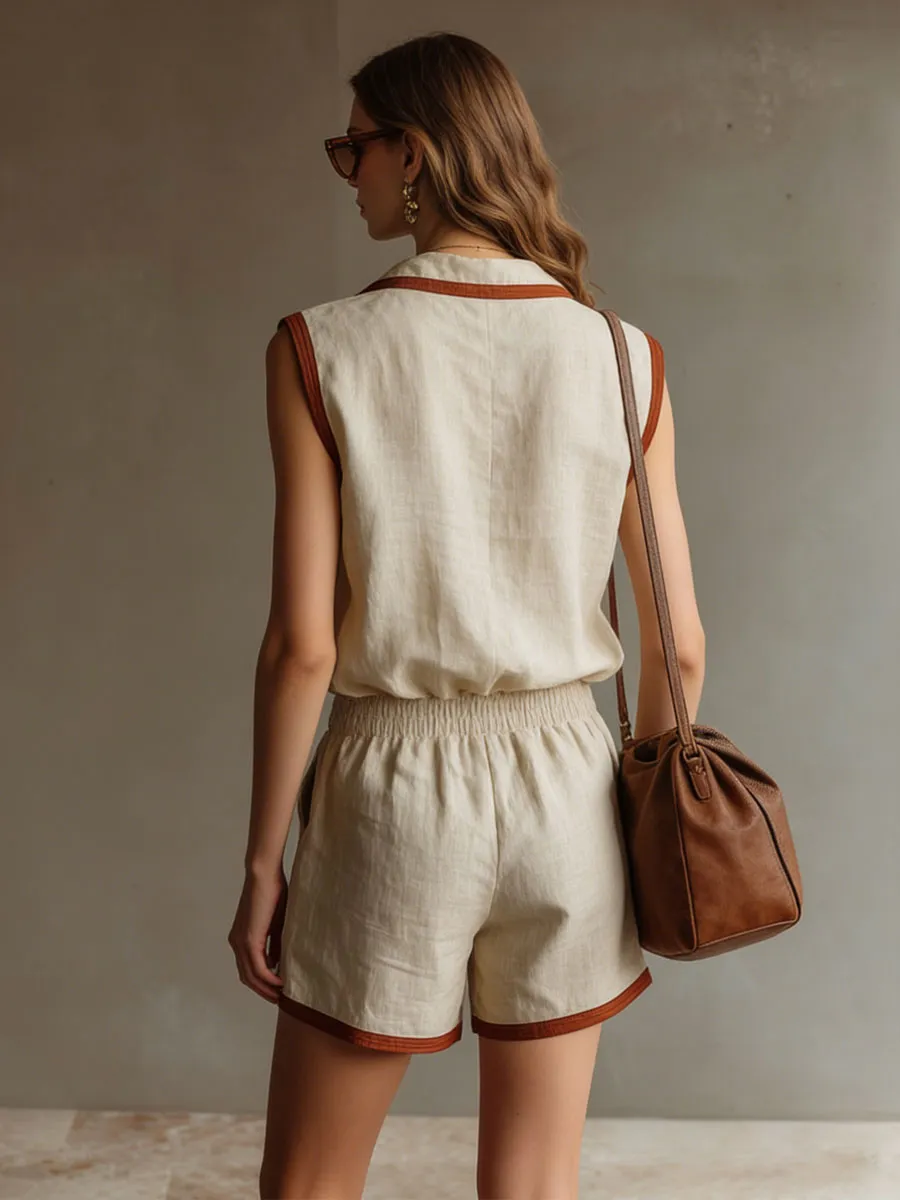 Casual Retro Brown-trimmed Beige Cotton Linen Sleeveless Shirt And Shorts Set sold by Oyrosy product image thumbnail 4