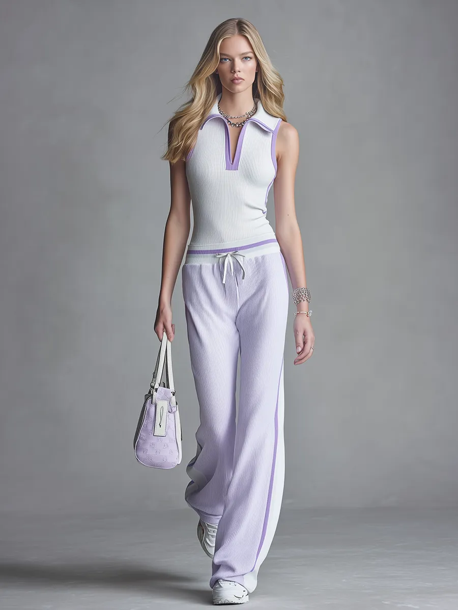 Sporty Casual Collared Sleeveless Top And Wide-leg Trousers Set sold by Oyrosy product image thumbnail 4