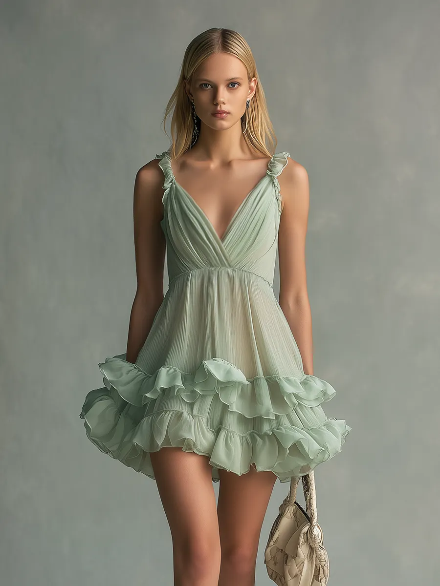 Elegant And Beautiful V-neck Sleeveless Ruffled Chiffon Mini Dress sold by Oyrosy product image thumbnail 4