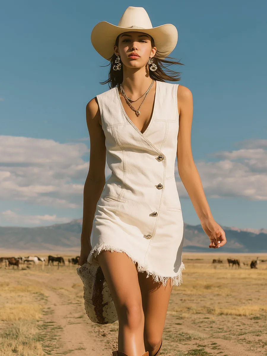 Western Retro White Denim Frayed Button Sleeveless Mini Dress sold by Oyrosy product image thumbnail 2
