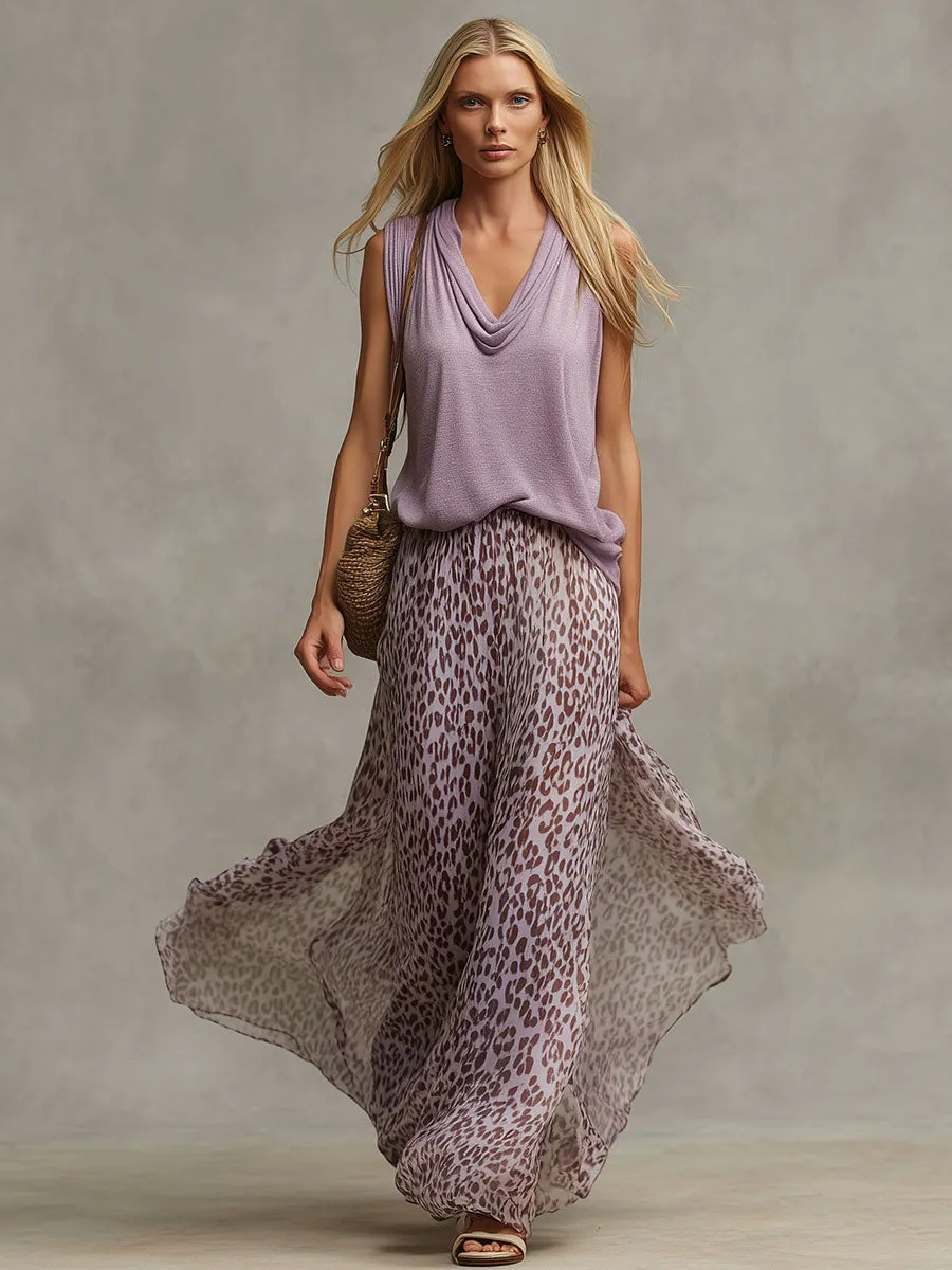 Stylish Retro Purple Cotton Blend Top And Leopard Print Chiffon Skirt Set sold by Oyrosy product image thumbnail 2