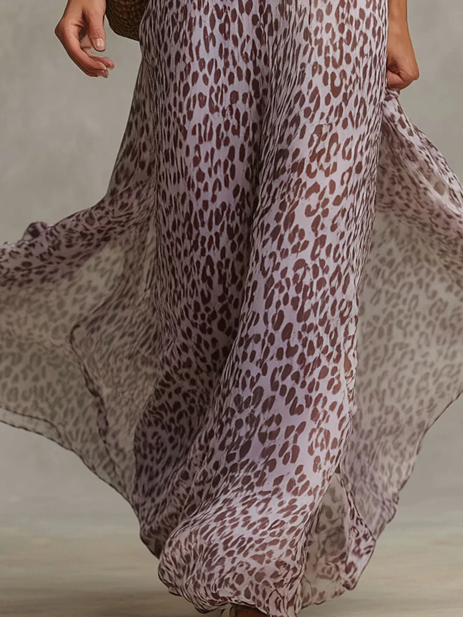 Stylish Retro Purple Cotton Blend Top And Leopard Print Chiffon Skirt Set sold by Oyrosy product image thumbnail 4