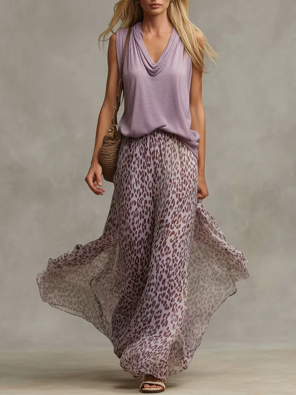 Stylish Retro Purple Cotton Blend Top And Leopard Print Chiffon Skirt Set made by Oyrosy