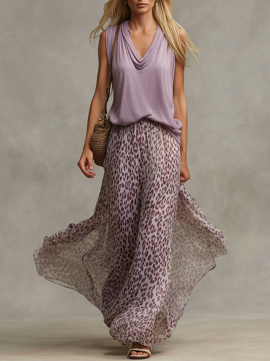 Stylish Retro Purple Cotton Blend Top And Leopard Print Chiffon Skirt Set sold by Oyrosy