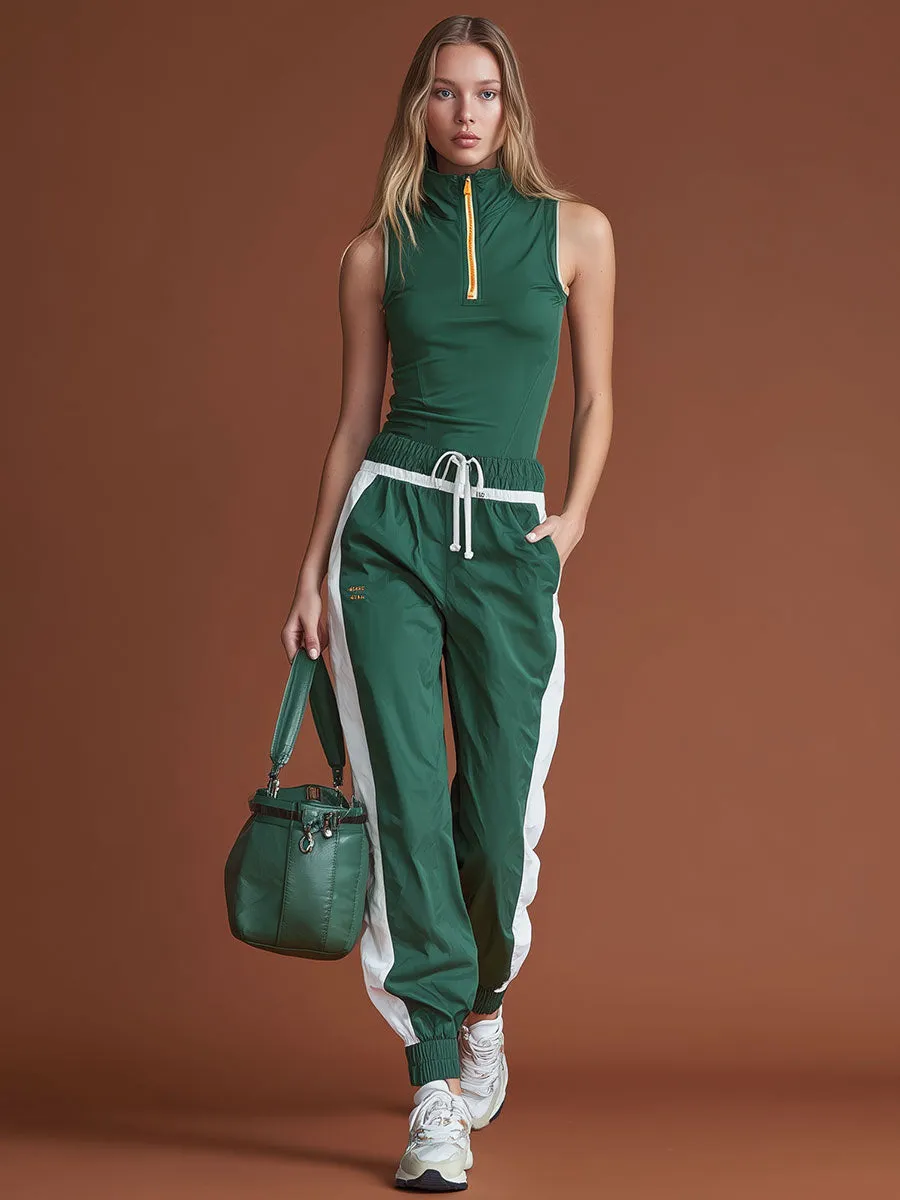Sporty And Stylish Green Turtleneck Sleeveless Top And Color-blocked Pants Set sold by Oyrosy product image thumbnail 2