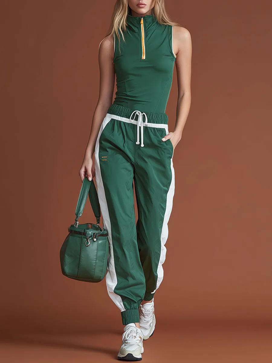 Sporty And Stylish Green Turtleneck Sleeveless Top And Color-blocked Pants Set sold by Oyrosy