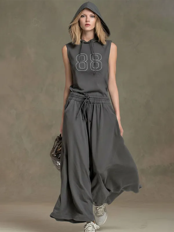 Sporty Casual Grey Hooded Sleeveless Top And Wide-leg Pants Set sold by Oyrosy