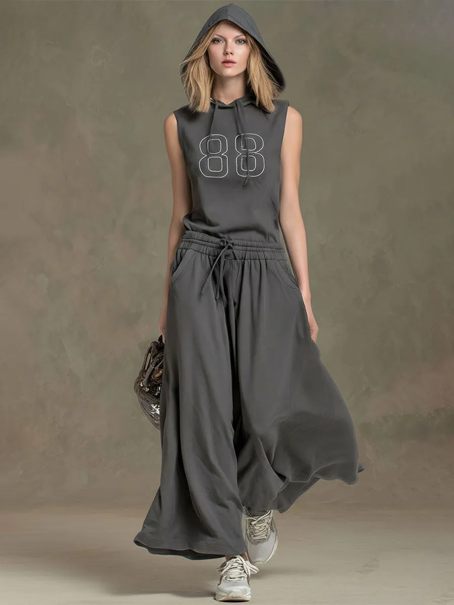 Sporty Casual Grey Hooded Sleeveless Top And Wide-leg Pants Set sold by Oyrosy product image thumbnail 2