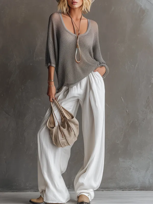 Simple Urban Gray Mesh Knit T-shirt And White Cotton Linen Wide-leg Pants Set sold by Oyrosy