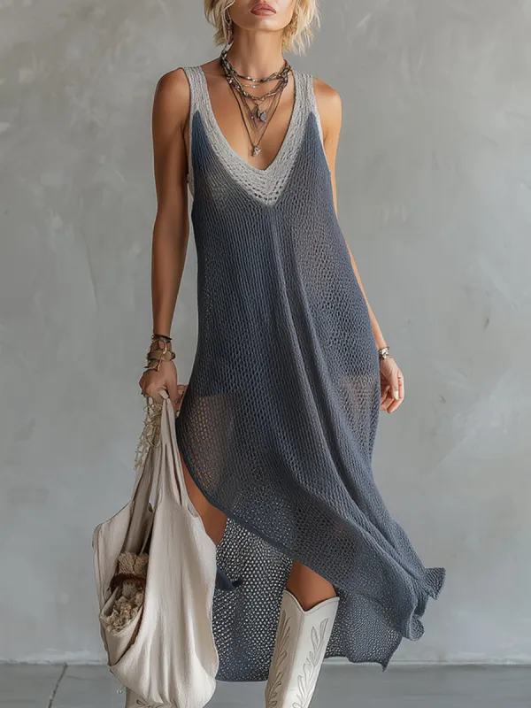 Stylish And Elegant Gray Mesh Knit Sleeveless Maxi Dress sold by Oyrosy
