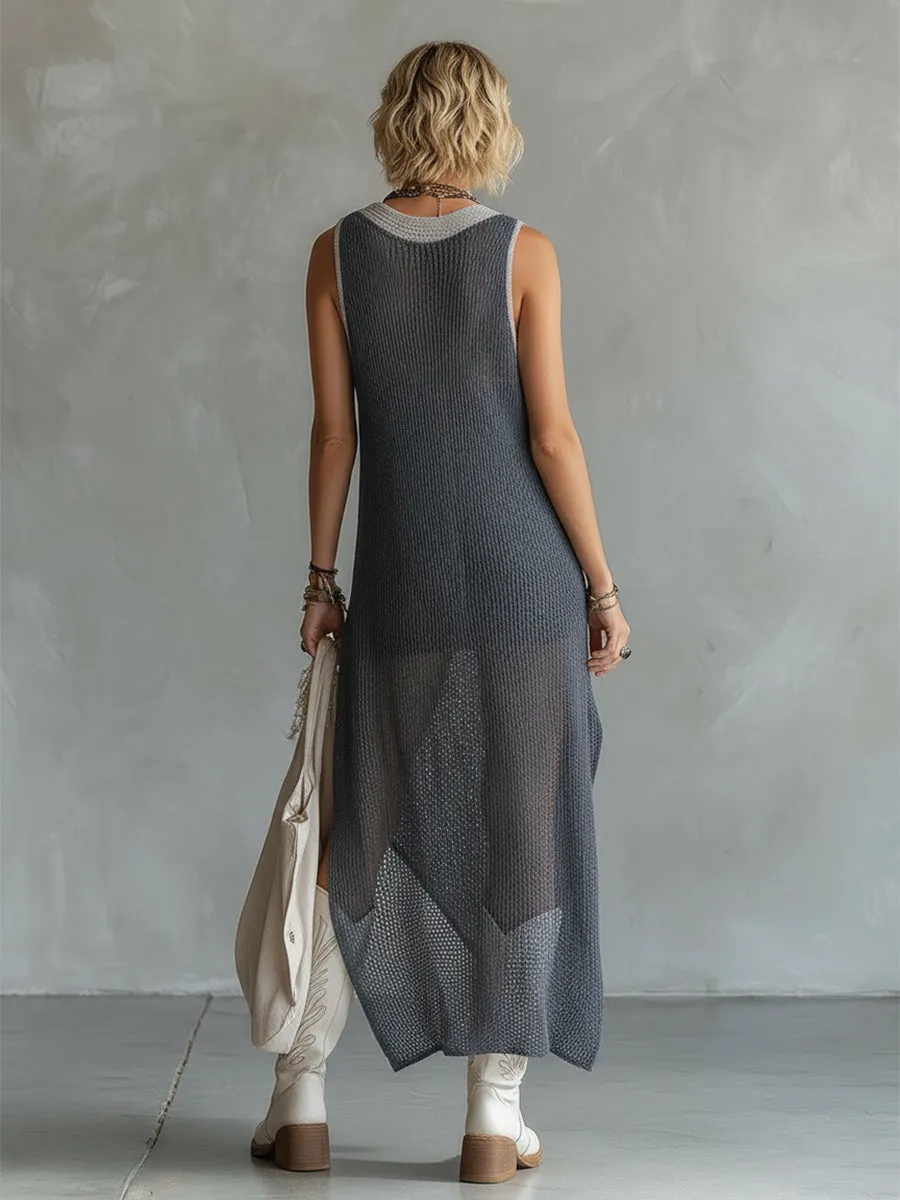 Stylish And Elegant Gray Mesh Knit Sleeveless Maxi Dress sold by Oyrosy product image thumbnail 4