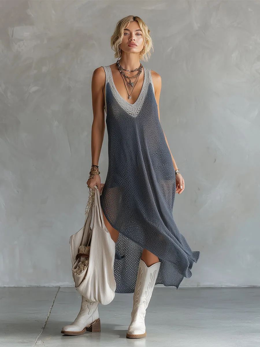 Stylish And Elegant Gray Mesh Knit Sleeveless Maxi Dress sold by Oyrosy product image thumbnail 2