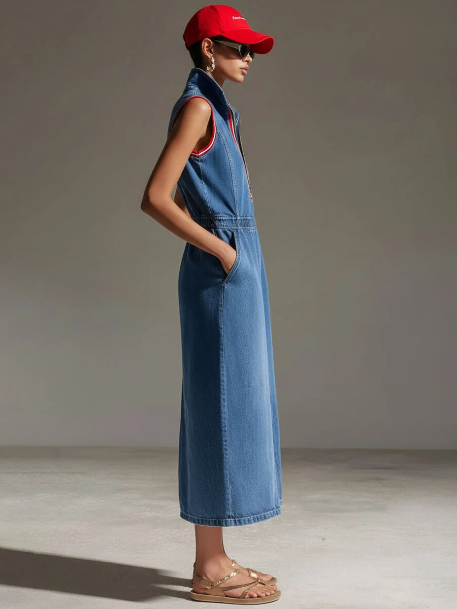 Casual Retro Blue Denim Sleeveless Half-zip Slit Midi Dress sold by Oyrosy product image thumbnail 3