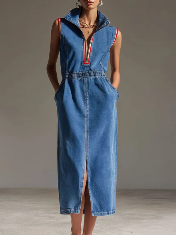 Casual Retro Blue Denim Sleeveless Half-zip Slit Midi Dress sold by Oyrosy