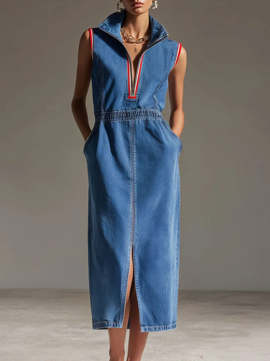 Casual Retro Blue Denim Sleeveless Half-zip Slit Midi Dress sold by Oyrosy
