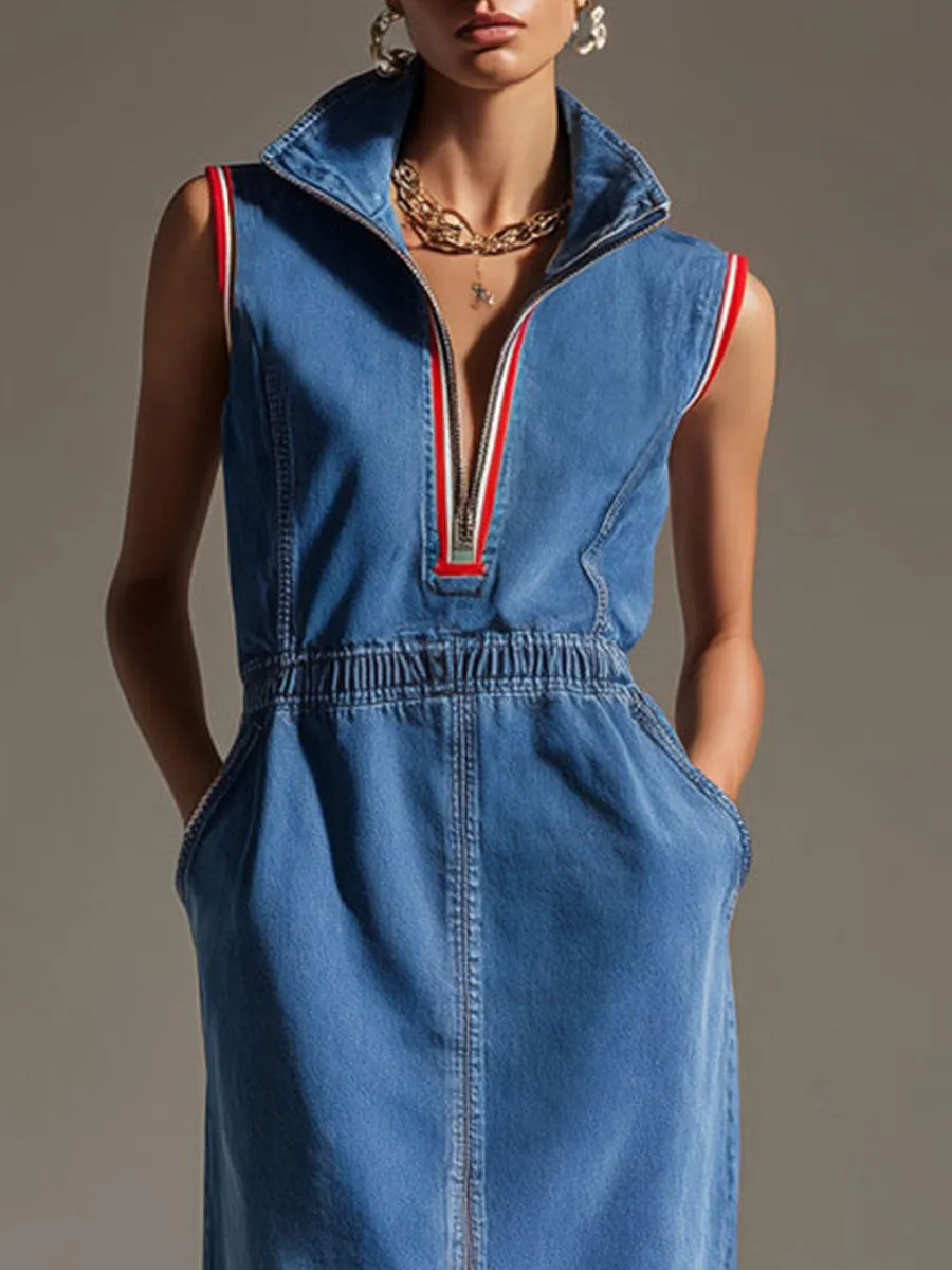 Casual Retro Blue Denim Sleeveless Half-zip Slit Midi Dress sold by Oyrosy product image thumbnail 5
