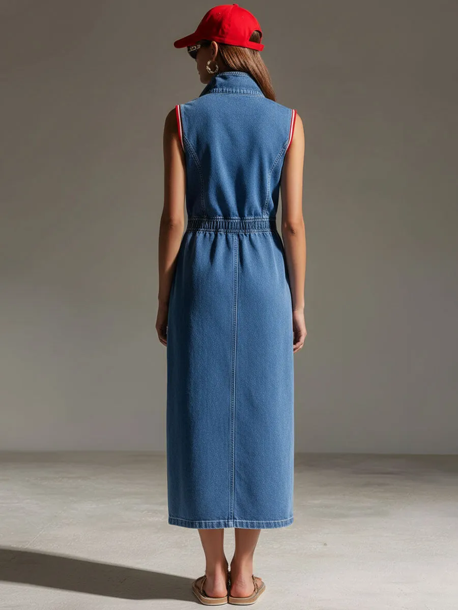 Casual Retro Blue Denim Sleeveless Half-zip Slit Midi Dress sold by Oyrosy product image thumbnail 4