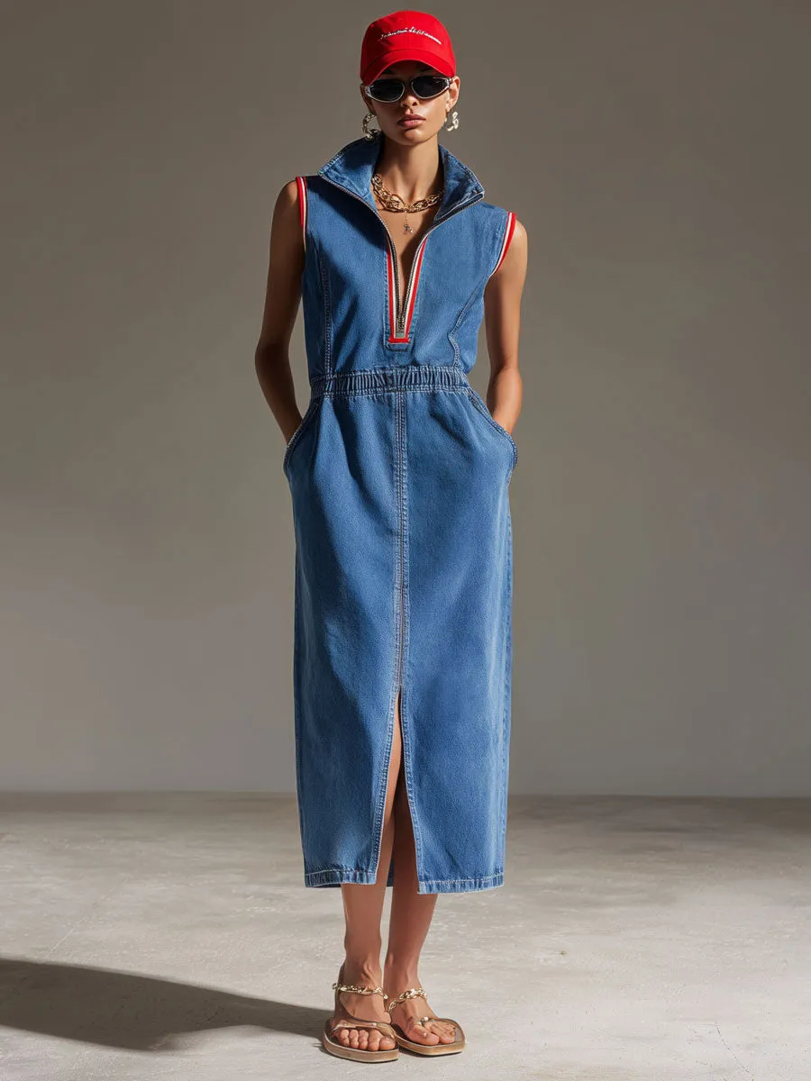 Casual Retro Blue Denim Sleeveless Half-zip Slit Midi Dress sold by Oyrosy product image thumbnail 2