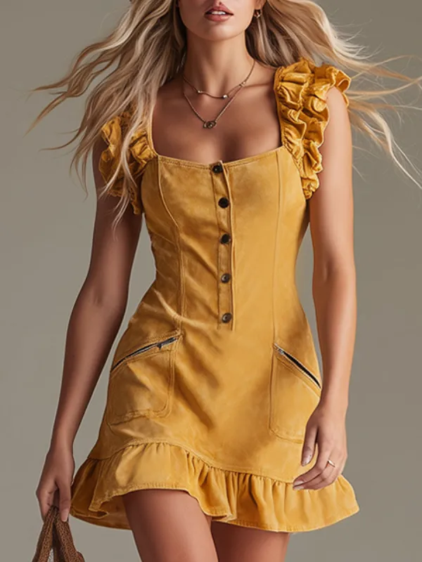 Square Neck Button Faux Suede Ruffle Sleeveless Mini Dress sold by Oyrosy