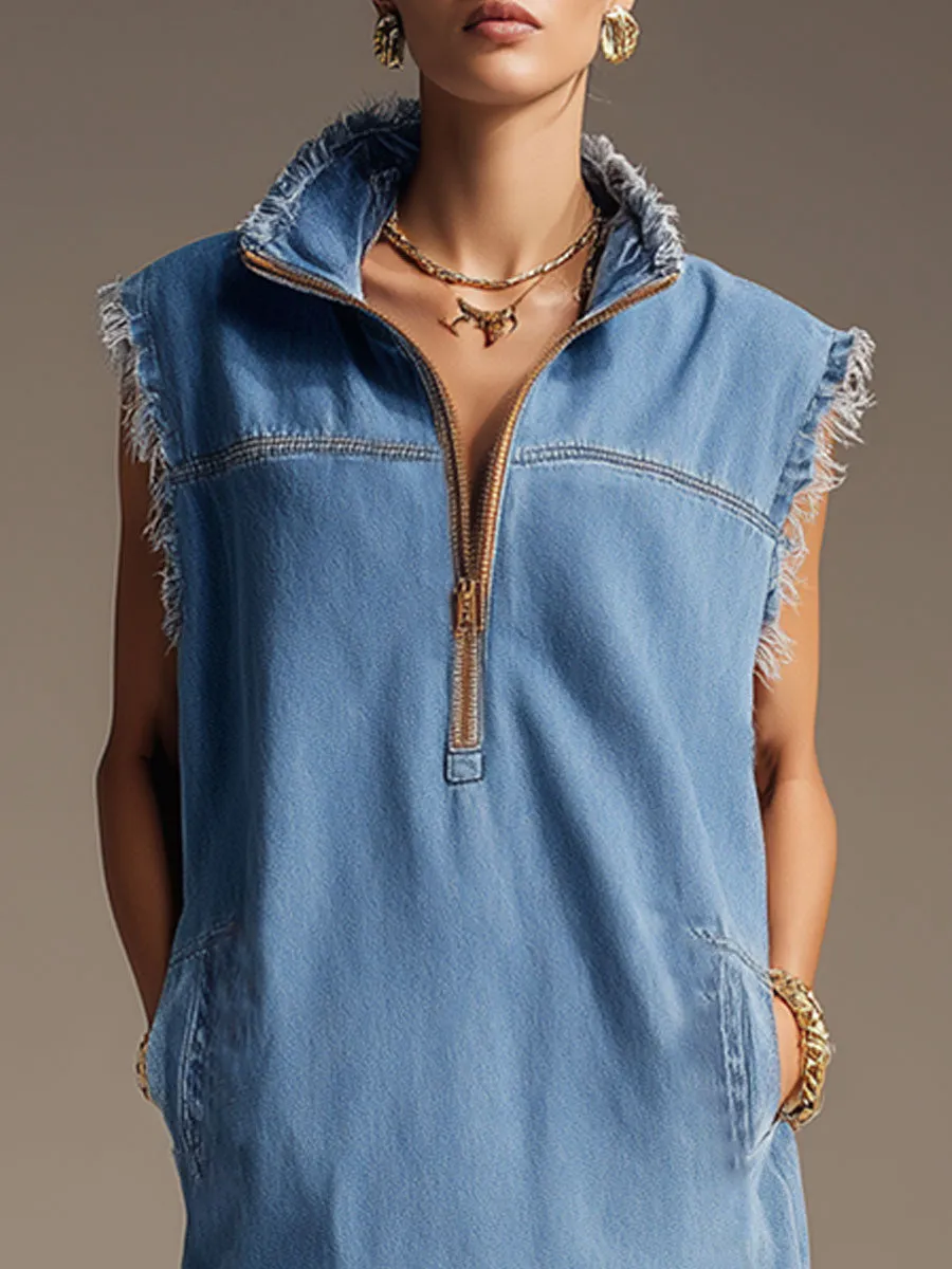 Casual Retro Light Blue Denim Frayed Half-zip Sleeveless Mini Dress sold by Oyrosy product image thumbnail 5