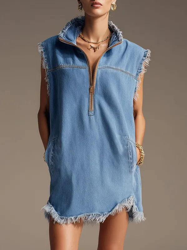 Casual Retro Light Blue Denim Frayed Half-zip Sleeveless Mini Dress sold by Oyrosy