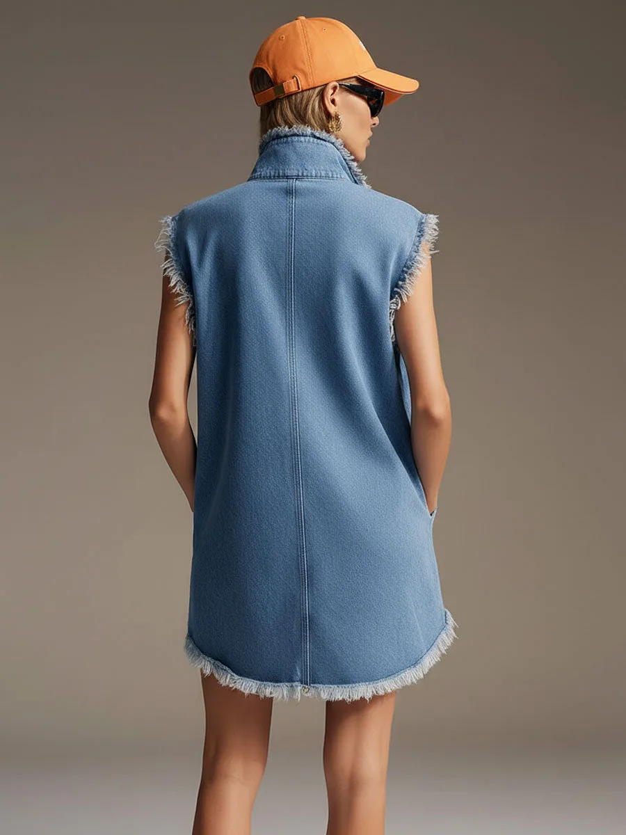 Casual Retro Light Blue Denim Frayed Half-zip Sleeveless Mini Dress sold by Oyrosy product image thumbnail 4